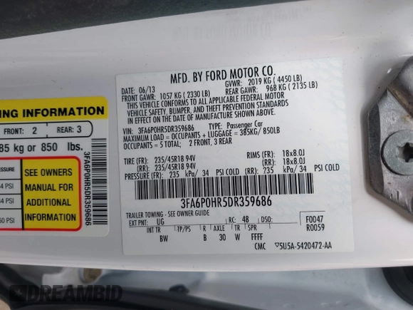 2013 Ford Fusion SE with VIN 3FA6P0HR5DR359686, listed as a IAAI auction lot 42088517 with 106,992 mi miles. Bid and sale history available at carsss.com. Image 9.