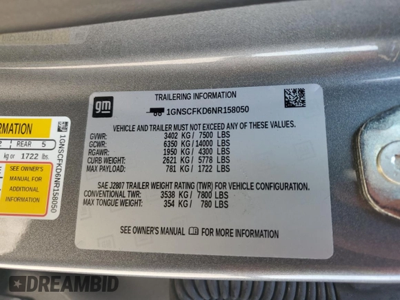 2022 Chevrolet Suburban Premier with VIN 1GNSCFKD6NR158050, listed as a Copart auction lot 72939134 with 48,458 mi miles and Salvage title. Bid and sale history available at DreamBid. Image 13.