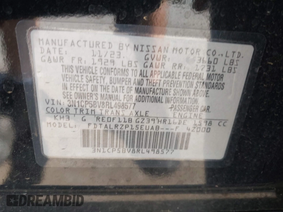 2024 Nissan Kicks S with VIN 3N1CP5BV8RL498577, listed as a IAAI auction lot 42208526 with 30,717 mi miles and . Bid and sale history available at DreamBid. Image 9.