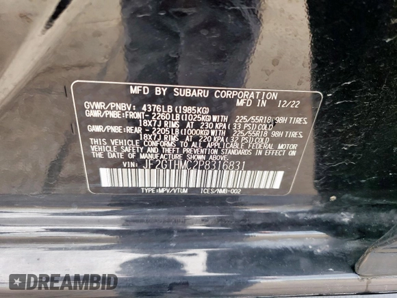 2023 Subaru Crosstrek Limited с VIN JF2GTHMC2P8316831, выставлен на аукционе Copart как лот 55609925 с пробегом 46 103 миль миль и Списание • Salvage title. История ставок и продаж доступна на DreamBid. Изображение 10.