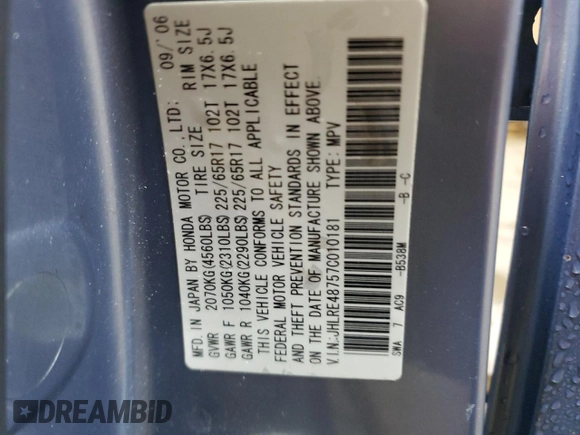 2007 Honda CR-V EX-L with VIN JHLRE48757C010181, listed as a Copart auction lot 50358245 with 170,324 mi miles and Salvage Title. Bid and sale history available at DreamBid. Image 14.