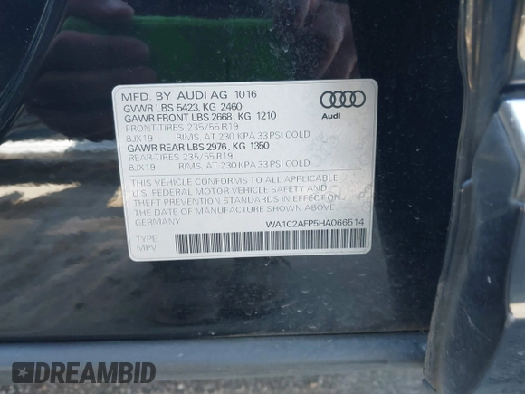 2017 Audi Q5 Premium with VIN WA1C2AFP5HA066514, listed as a IAAI auction lot 42182419 with 89,957 mi miles and . Bid and sale history available at DreamBid. Image 9.