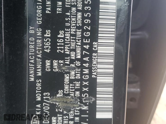 2014 Kia Optima LX with VIN 5XXGM4A74EG295356, listed as a Copart auction lot 50919795 with 183,274 mi miles and Salvage Title. Bid and sale history available at carsss.com. Image 14.