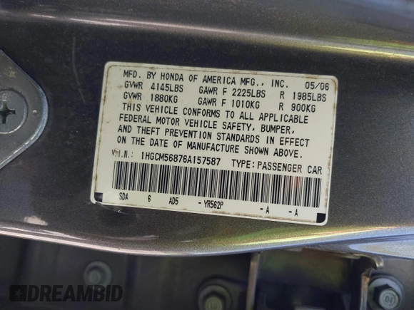 2006 Honda Accord EX-L z VIN 1HGCM56876A157587, wystawiony jako IAAI lot #39181913 z przebiegiem 354 500 mil mil oraz . Historia ofert i sprzedaży dostępna na DreamBid. Obrazek 9.