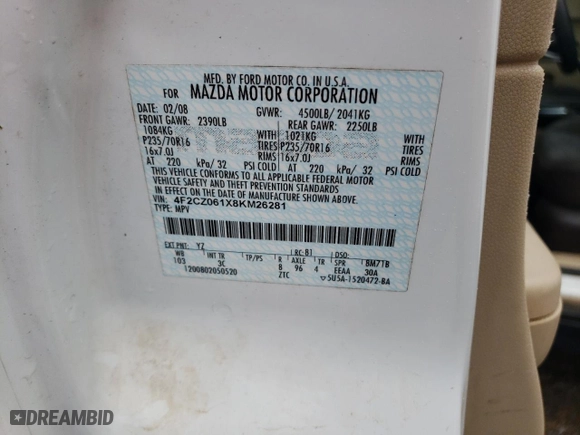 2008 Mazda Tribute ES with VIN 4F2CZ061X8KM26281, listed as a Copart auction lot 43795375 with 194,938 mi miles and Salvage Title. Bid and sale history available at carsss.com. Image 13.