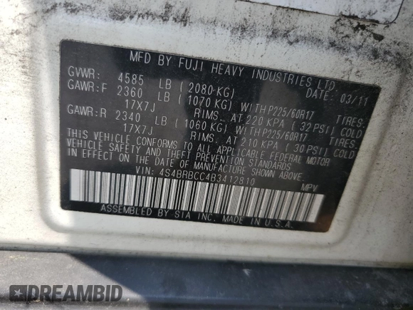 2011 Subaru Outback 2.5i Prem AWP with VIN 4S4BRBCC4B3412810, listed as a Copart auction lot 65189054 with 118,529 mi miles and Salvage Title. Bid and sale history available at carsss.com. Image 13.