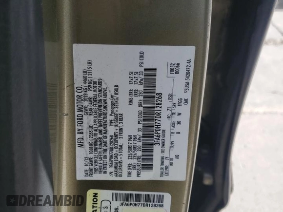 2013 Ford Fusion SE with VIN 3FA6P0H77DR128268, listed as a Copart auction lot 56520855 with 164,858 mi miles and Salvage title. Bid and sale history available at DreamBid. Image 12.