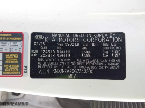 2016 Kia Soul with VIN KNDJN2A20G7343300, listed as a IAAI auction lot 41827212 with NaN miles. Bid and sale history available at carsss.com. Image 9.