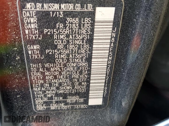 2013 Nissan Juke S z VIN JN8AF5MR2DT211931, wystawiony jako Copart lot #53364715 z przebiegiem Nie podano mil oraz Szkoda całkowita • Salvage title. Historia ofert i sprzedaży dostępna na DreamBid. Obrazek 14.