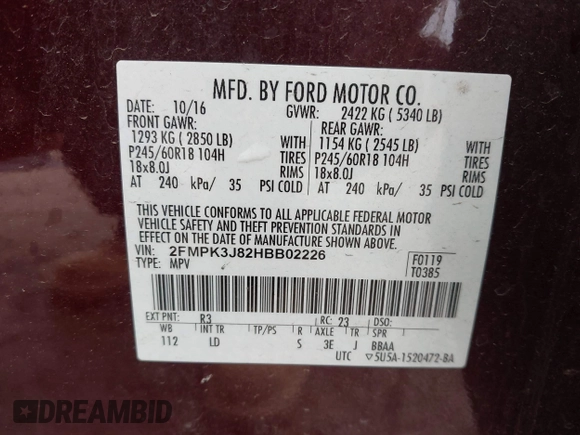 2017 Ford Edge SEL with VIN 2FMPK3J82HBB02226, listed as a IAAI auction lot 41991957 with 62,822 mi miles. Bid and sale history available at carsss.com. Image 9.
