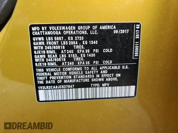 2018 Volkswagen Atlas SE z VIN 1V2LR2CA8JC527947, wystawiony jako Copart lot #54258935 z przebiegiem 126 541 mil mil oraz Szkoda całkowita • Salvage title. Historia ofert i sprzedaży dostępna na DreamBid. Obrazek 14.