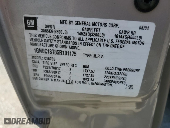2005 Chevrolet Tahoe LT with VIN 1GNEC13T85R101175, listed as a Copart auction lot 49727485 with 187,301 mi miles and Salvage title. Bid and sale history available at DreamBid. Image 13.
