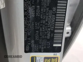 2017 Kia Optima LX with VIN KNAGT4L32H5154000, listed as a Copart auction lot 46336705 with 116,722 mi miles and Salvage Title. Bid and sale history available at carsss.com. Image 13.