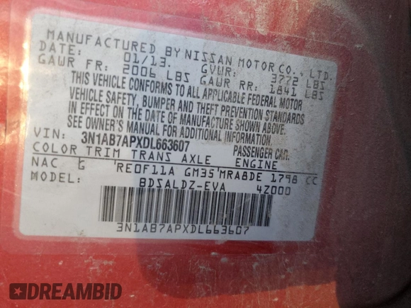 2013 Nissan Sentra SR z VIN 3N1AB7APXDL663607, wystawiony jako Copart lot #87771005 z przebiegiem 227 132 mil mil oraz Czysty tytuł • Clean title. Historia ofert i sprzedaży dostępna na DreamBid. Obrazek 12.