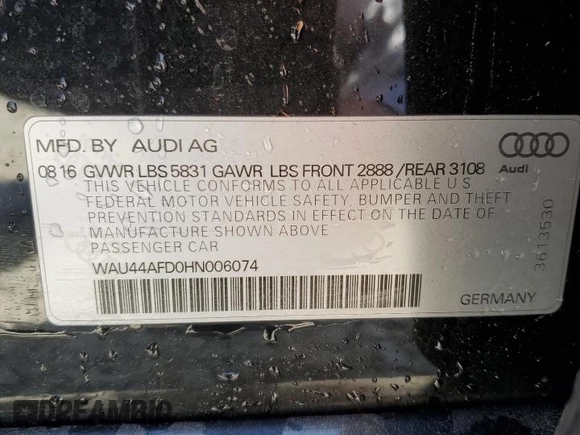 2017 Audi A8 with VIN WAU44AFD0HN006074, listed as a Copart auction lot 52421465 with 144,744 mi miles and Salvage title. Bid and sale history available at DreamBid. Image 12.