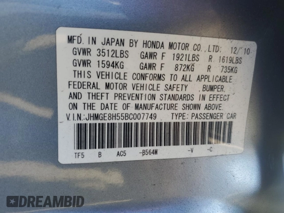 2011 Honda Fit Sport with VIN JHMGE8H55BC007749, listed as a Copart auction lot 41710125 with 74,538 mi miles and Salvage Title. Bid and sale history available at DreamBid. Image 13.