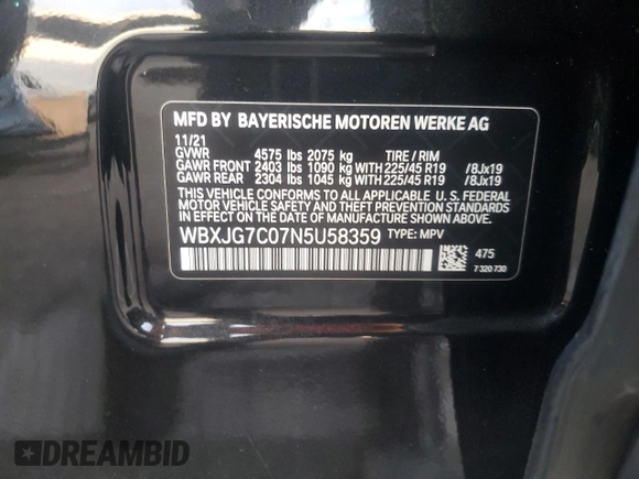 2022 BMW X1 sDrive28i with VIN WBXJG7C07N5U58359, listed as a Copart auction lot 86908624 with 34,557 mi miles and Salvage Title. Bid and sale history available at carsss.com. Image 13.