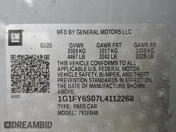 2020 Chevrolet Bolt EV LT with VIN 1G1FY6S07L4112268, listed as a Copart auction lot 40060623 with 34,578 mi miles. Bid and sale history available at carsss.com. Image 12.