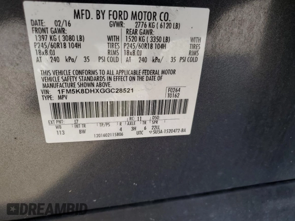 2016 Ford Explorer XLT with VIN 1FM5K8DHXGGC28521, listed as a Copart auction lot 53858875 with Not Provided miles and Clean Title. Bid and sale history available at carsss.com. Image 13.