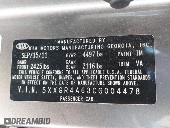 2012 Kia Optima SX with VIN 5XXGR4A63CG004478, listed as a IAAI auction lot 40039813 with 151,248 mi miles and . Bid and sale history available at carsss.com. Image 9.