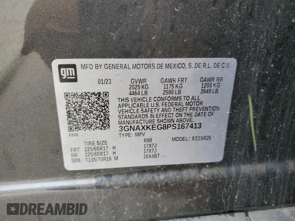 2023 Chevrolet Equinox LT with VIN 3GNAXKEG8PS167413, listed as a Copart auction lot 54424035 with 65,250 mi miles and Clean Title. Bid and sale history available at DreamBid. Image 13.