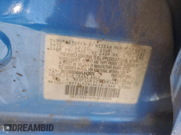 2021 Nissan Versa SV with VIN 3N1CN8EV6ML843925, listed as a Copart auction lot 42433545 with 108,224 mi miles and Salvage Title. Bid and sale history available at DreamBid. Image 14.