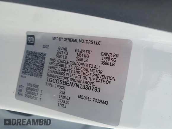 2022 Chevrolet Colorado 2WD Work Truck with VIN 1GCGSBEN7N1330793, listed as a Copart auction lot 88318955 with 36,284 mi miles and Salvage title. Bid and sale history available at DreamBid. Image 14.