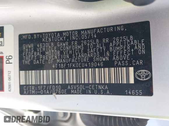 2014 Toyota Camry L with VIN 4T1BF1FK0EU419046, listed as a IAAI auction lot 41981785 with 169,453 mi miles. Bid and sale history available at carsss.com. Image 9.