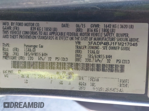 2015 Ford Fiesta SE with VIN 3FADP4BJ1FM217045, listed as a IAAI auction lot 42120444 with 119,207 mi miles and . Bid and sale history available at DreamBid. Image 9.