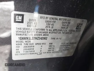 2017 GMC Acadia SLE with VIN 1GKKNSLS7HZ242962, listed as a IAAI auction lot 41628899 with 55,012 mi miles. Bid and sale history available at carsss.com. Image 9.