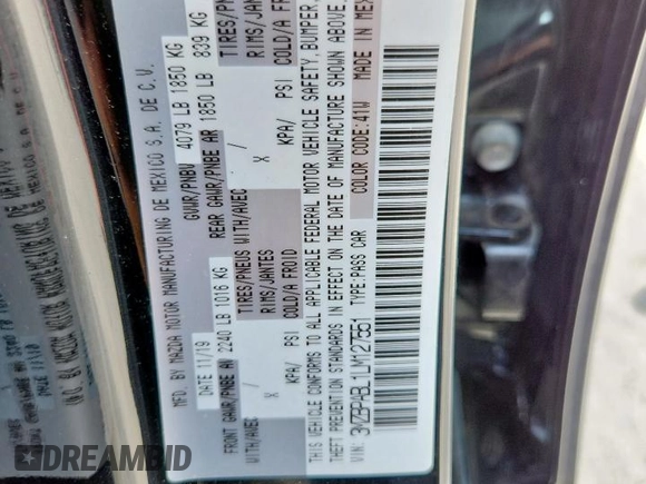 2020 Mazda 3 with VIN 3MZBPABL1LM127551, listed as a Copart auction lot 59587255 with 77,261 mi miles and Salvage title. Bid and sale history available at DreamBid. Image 12.