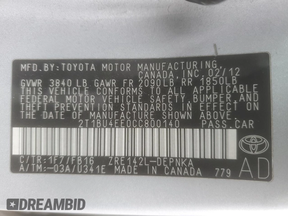 2012 Toyota Corolla L with VIN 2T1BU4EE0CC800140, listed as a Copart auction lot 52686455 with 203,407 mi miles and Salvage Title. Bid and sale history available at carsss.com. Image 12.