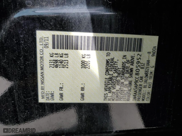 2012 Nissan Maxima 3.5 S with VIN 1N4AA5AP9CC805952, listed as a Copart auction lot 47023235 with 186,220 mi miles and Salvage Title. Bid and sale history available at carsss.com. Image 12.