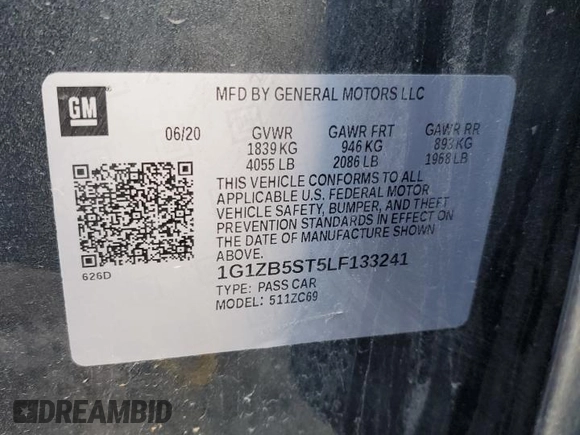 2020 Chevrolet Malibu LS with VIN 1G1ZB5ST5LF133241, listed as a Copart auction lot 51934895 with 63,355 mi miles and Salvage Title. Bid and sale history available at DreamBid. Image 12.