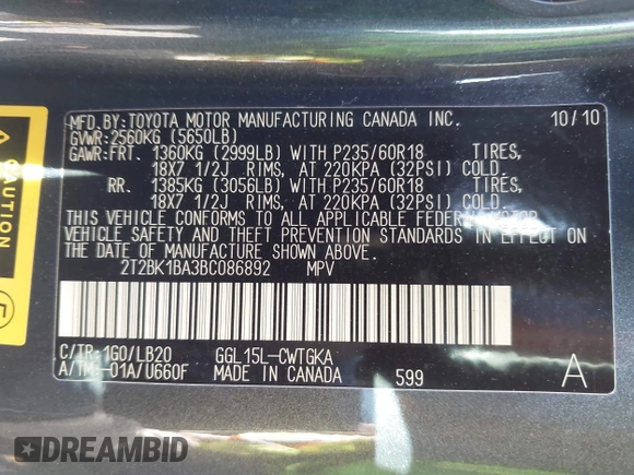 2011 Lexus RX 350 with VIN 2T2BK1BA3BC086892, listed as a IAAI auction lot 42036152 with 72,276 mi miles and . Bid and sale history available at DreamBid. Image 9.