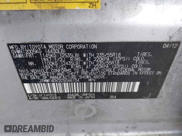 2012 Toyota RAV4 Sport with VIN JTMWF4DV2C5046734, listed as a IAAI auction lot 42588606 with Not provided miles and . Bid and sale history available at DreamBid. Image 9.