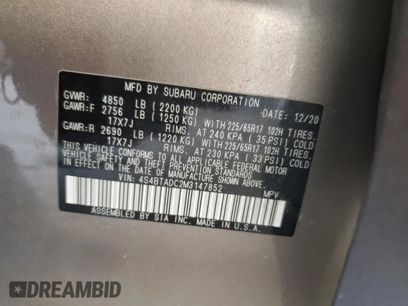 2021 Subaru Outback Premium with VIN 4S4BTADC2M3147852, listed as a Copart auction lot 63577195 with Not provided miles and Salvage title. Bid and sale history available at DreamBid. Image 14.