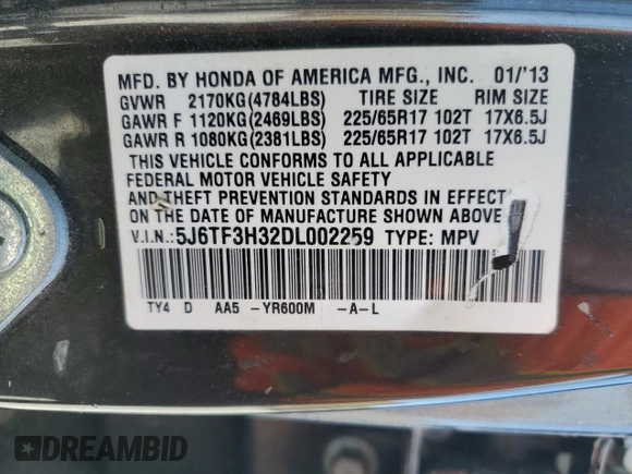 2013 Honda Crosstour EX z VIN 5J6TF3H32DL002259, wystawiony jako Copart lot #57330905 z przebiegiem 86 930 mil mil oraz Szkoda całkowita • Salvage title. Historia ofert i sprzedaży dostępna na DreamBid. Obrazek 12.