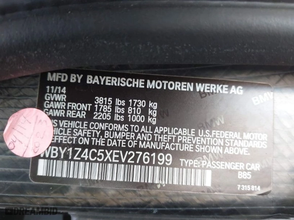 2014 BMW i3 with VIN WBY1Z4C5XEV276199, listed as a IAAI auction lot 41229581 with NaN miles. Bid and sale history available at carsss.com. Image 9.