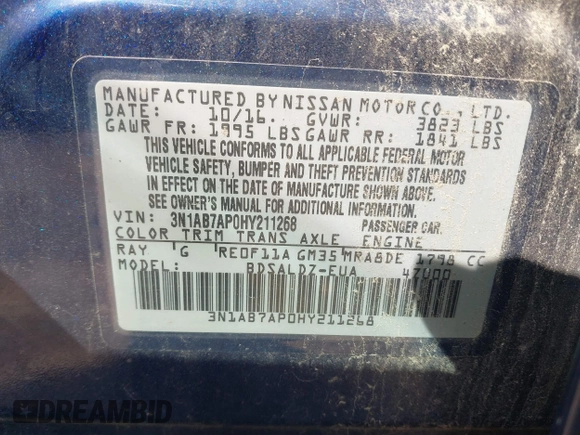 2017 Nissan Sentra SV with VIN 3N1AB7AP0HY211268, listed as a IAAI auction lot 42433303 with 60,251 mi miles and . Bid and sale history available at DreamBid. Image 9.