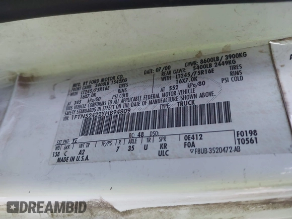 2000 Ford Econoline Cargo with VIN 1FTNS2422YHB94809, listed as a IAAI auction lot 40999427 with 154,779 mi miles and . Bid and sale history available at DreamBid. Image 9.