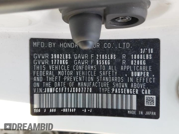 2018 Honda Civic EX-L with VIN JHMFC1F71JX007770, listed as a Copart auction lot 50681835 with 71,808 mi miles and Salvage Title. Bid and sale history available at DreamBid. Image 15.
