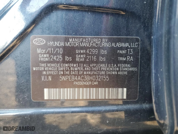 2011 Hyundai Sonata GLS with VIN 5NPEB4AC3BH032155, listed as a Copart auction lot 53315075 with 153,231 mi miles and Clean Title. Bid and sale history available at carsss.com. Image 12.