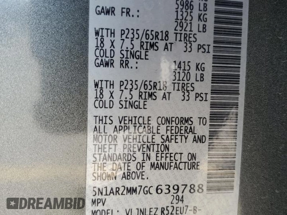 2016 Nissan Pathfinder Platinum with VIN 5N1AR2MM7GC639788, listed as a Copart auction lot 51359145 with 111,331 mi miles and Salvage Title. Bid and sale history available at carsss.com. Image 15.