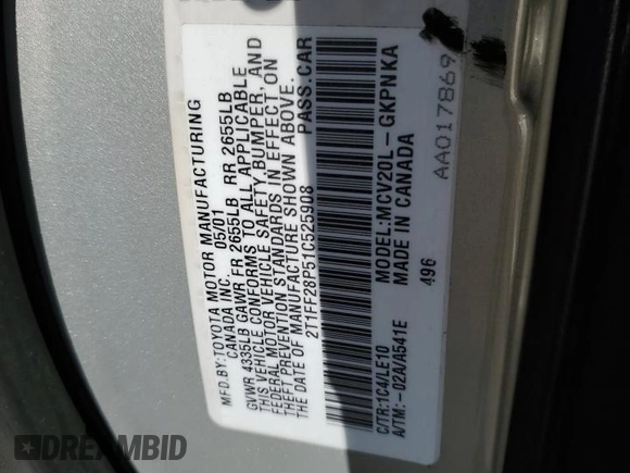 2001 Toyota Solara SE z VIN 2T1FF28P51C525908, wystawiony jako Copart lot #81605344 z przebiegiem 179 390 mil mil oraz Szkoda całkowita • Salvage title. Historia ofert i sprzedaży dostępna na DreamBid. Obrazek 14.