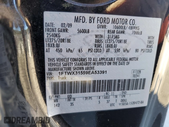 2009 Ford F-350 XL with VIN 1FTWX31559EA53391, listed as a Copart auction lot 81005214 with 49,398 mi miles and Clean Title. Bid and sale history available at DreamBid. Image 12.