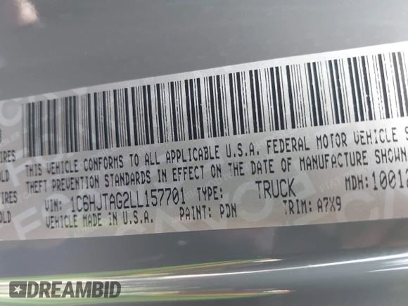 2020 Jeep Gladiator Sport S with VIN 1C6HJTAG2LL157701, listed as a IAAI auction lot 41766647 with 62,571 mi miles. Bid and sale history available at carsss.com. Image 9.