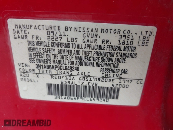 2012 Nissan Sentra S with VIN 3N1AB6AP9CL649240, listed as a IAAI auction lot 42082824 with 118,837 mi miles and . Bid and sale history available at DreamBid. Image 9.