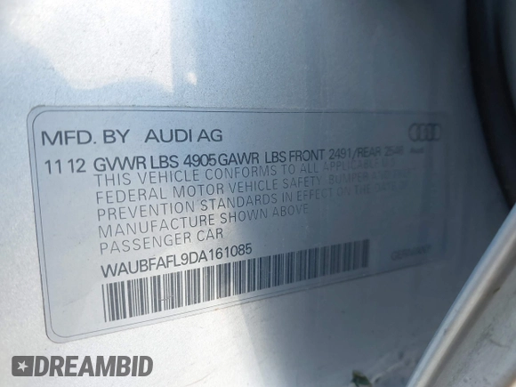 2013 Audi A4 Premium with VIN WAUBFAFL9DA161085, listed as a IAAI auction lot 41976939 with 184,536 mi miles and . Bid and sale history available at DreamBid. Image 9.