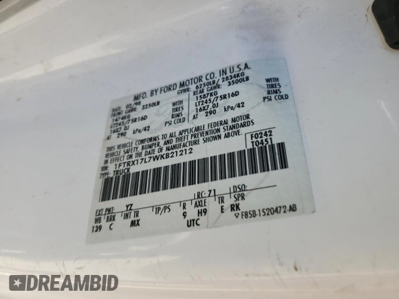 1998 Ford F-150 XL with VIN 1FTRX17L7WKB21212, listed as a Copart auction lot 45683025 with 185,411 mi miles and Salvage title. Bid and sale history available at DreamBid. Image 12.